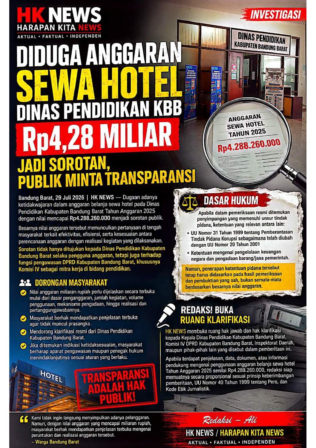 DIDUGA ANGGARAN SEWA HOTEL DINAS PENDIDIKAN KBB Rp4,28 MILIAR JADI SOROTAN, PUBLIK MINTA TRANSPARANSI
